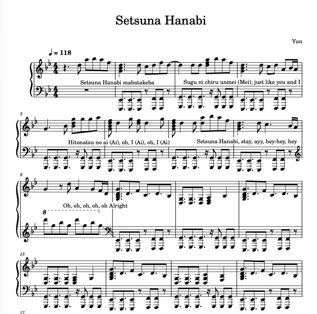 Setsuna Hanabi TXT Sheet Music ( Condensed Ver.)